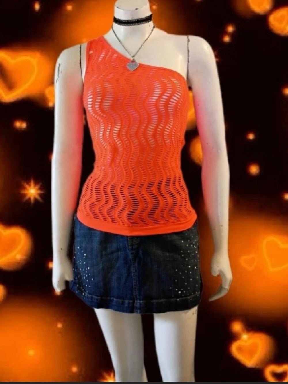 VTG 90s Y2K Neon Orange Sz OS One Strap Fishnet Tank Top